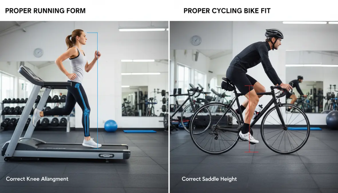 Proper running form and cycling knee alignment demonstration for injury prevention