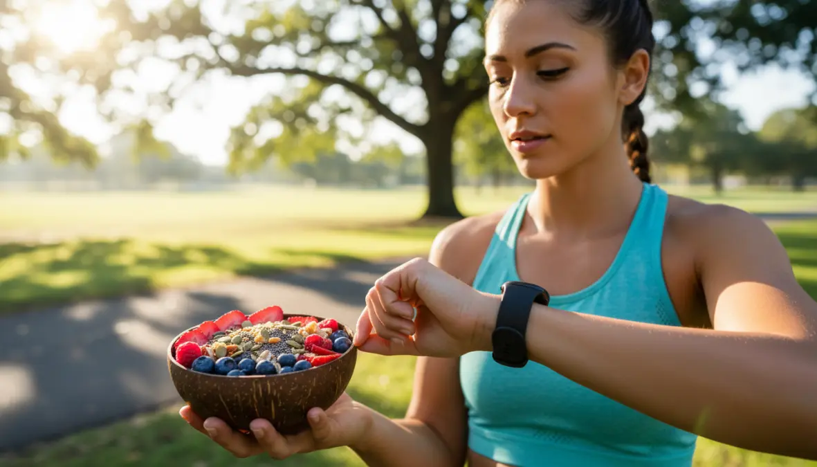 Female athlete monitoring performance with fitness tracker while consuming vitamin-rich smoothie bowl for optimal sports nutrition