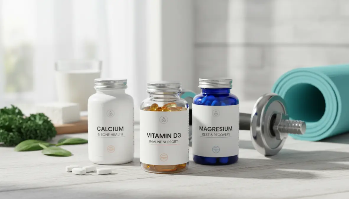 Essential bone health and muscle function supplements including vitamin D, calcium, and magnesium for athletes