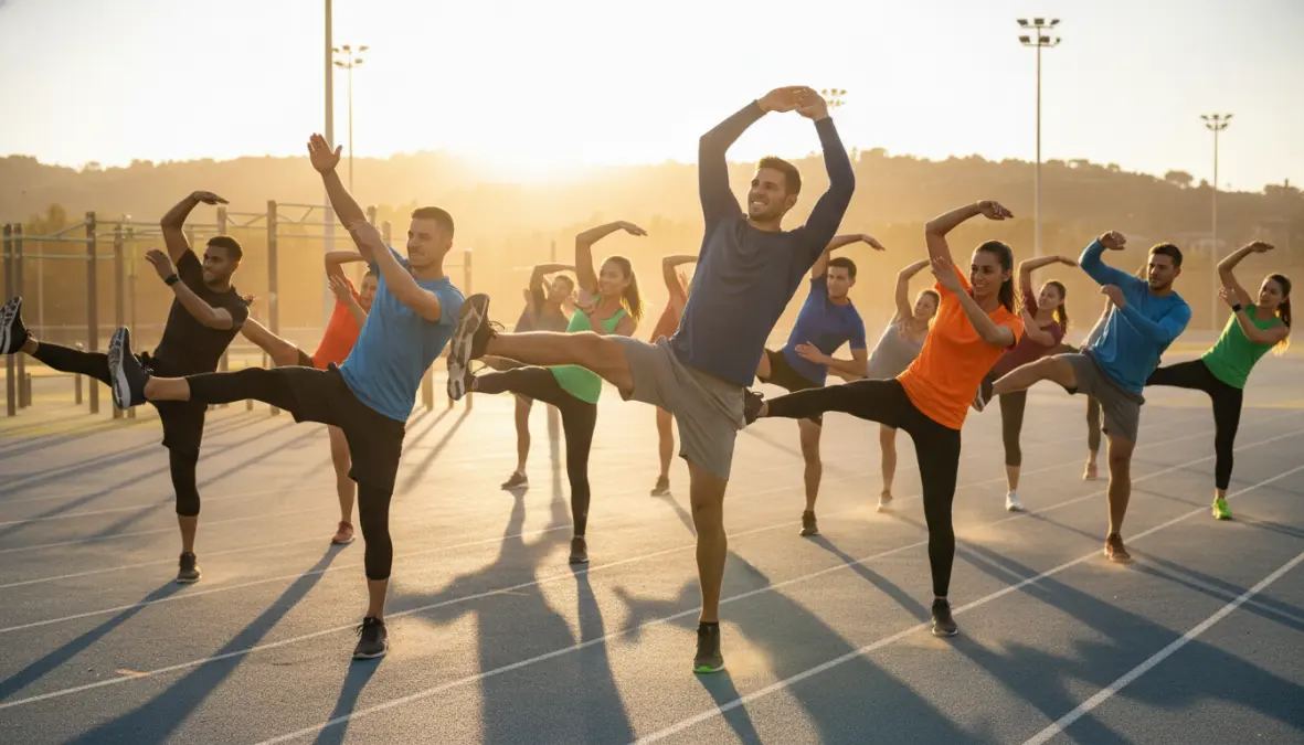 Athletes performing dynamic stretching and warm-up mobility exercises for athletic performance