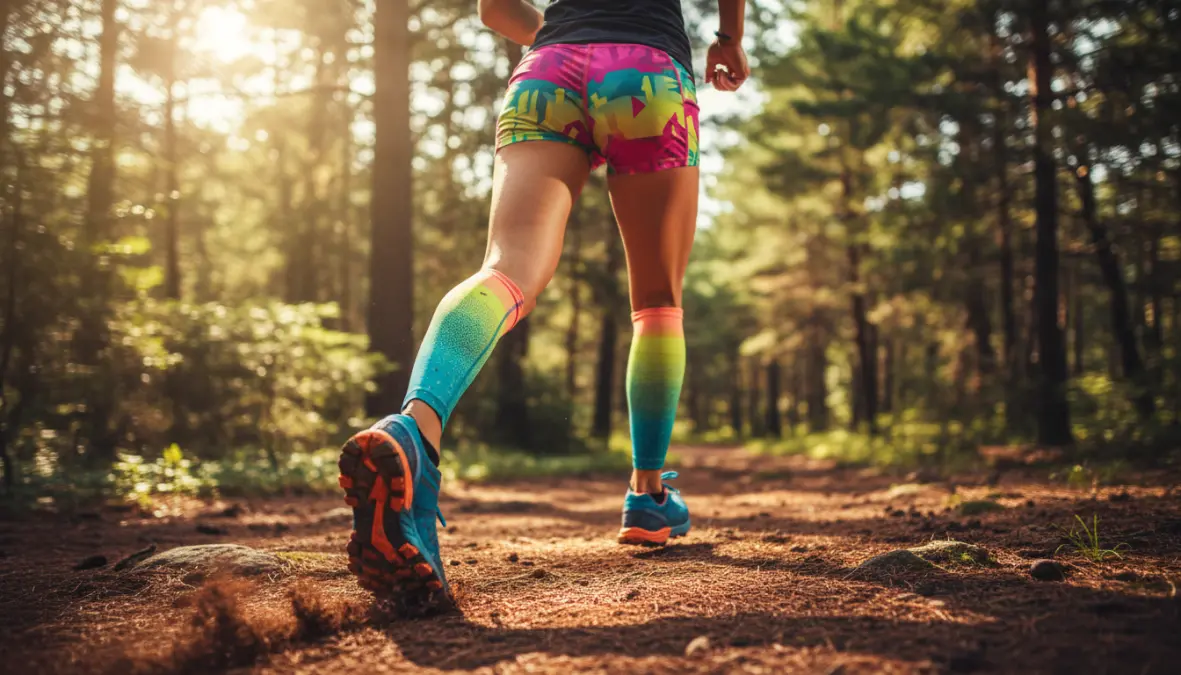 Woman trail running outdoors on forest path demonstrating outdoor cardio exercises in summer