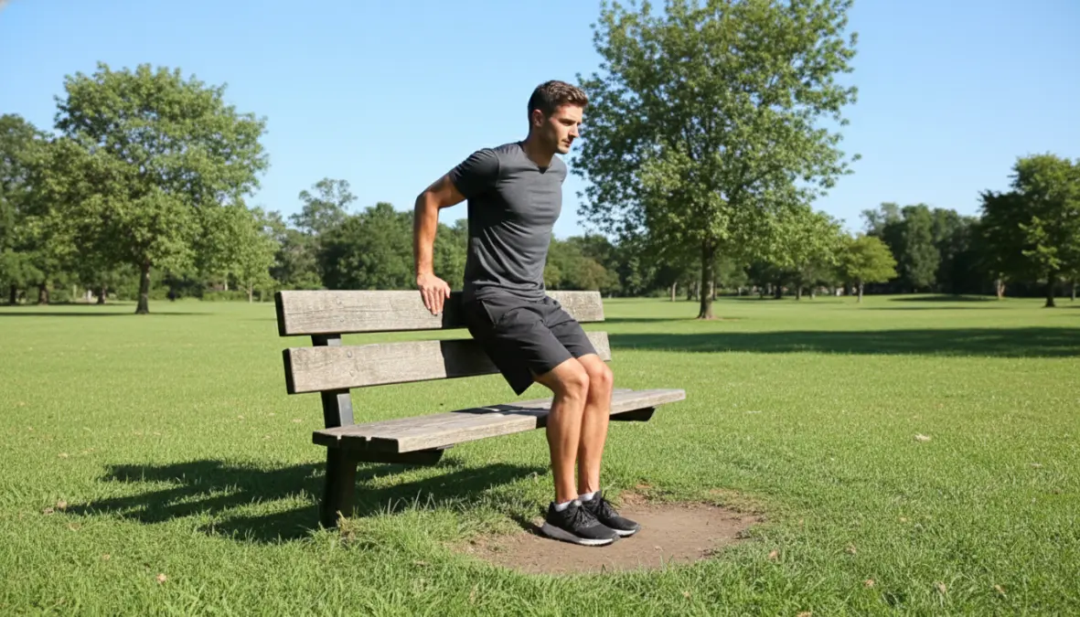 Person doing park bench workout exercises for bodyweight outdoor training in public park
