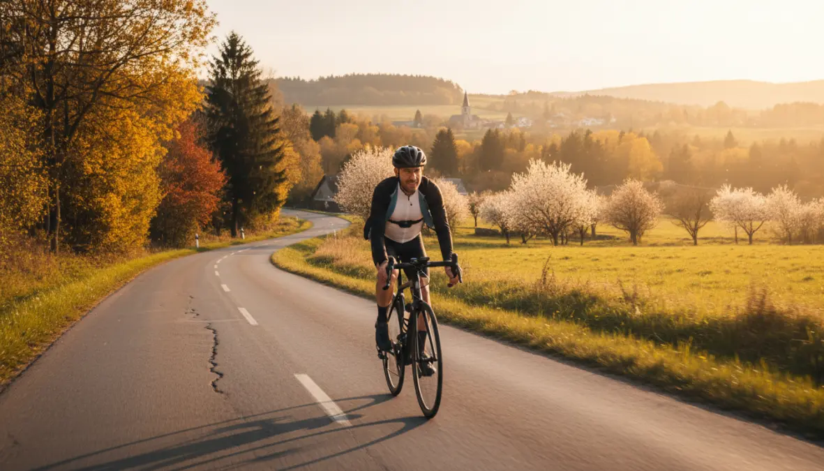 Cyclist completing base training phase ride at steady aerobic pace for building cycling endurance foundation