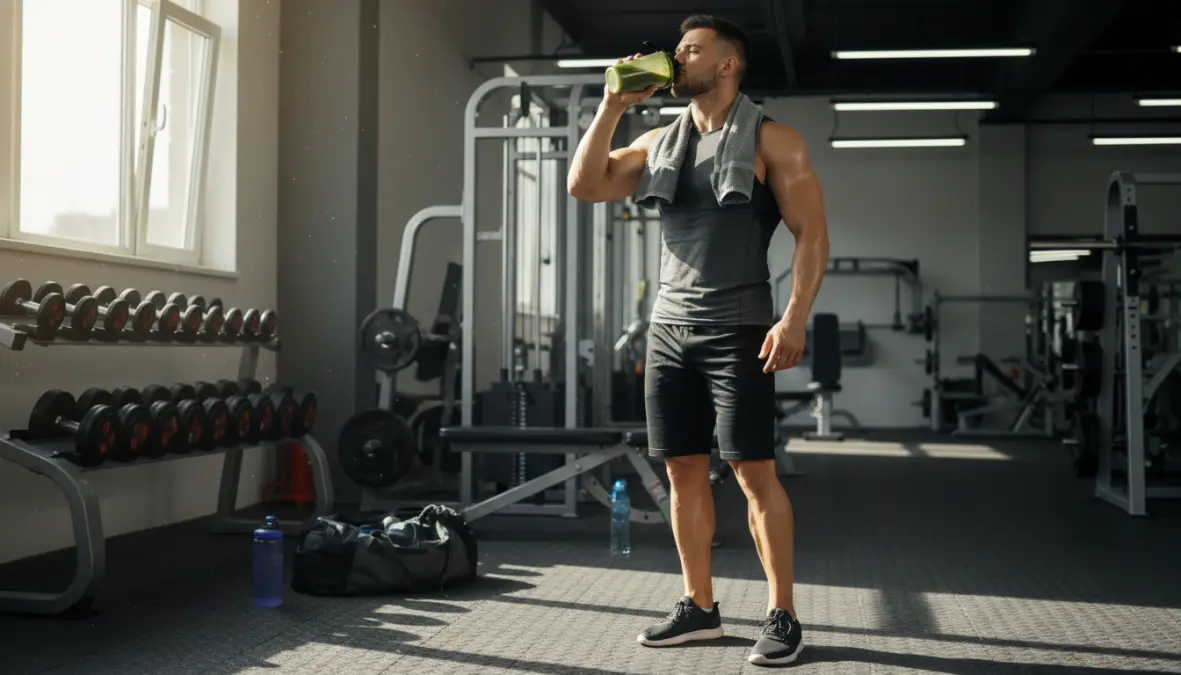 Athlete consuming vegan protein shake for post-workout muscle recovery and athletic performance