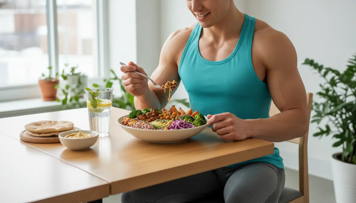 High protein vegan meal for strength training athletes showing plant protein timing and recovery nutrition strategy