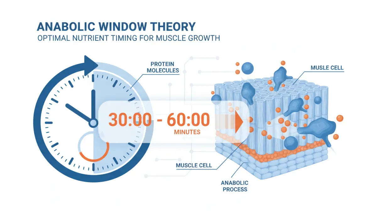 Anabolic window theory diagram showing muscle protein synthesis timing after workout