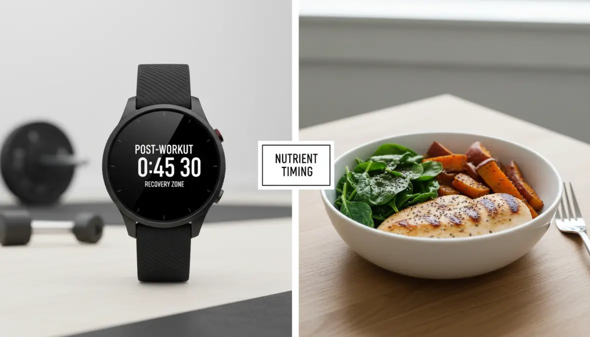 Visual representation of nutrient timing and post-workout meal timing for optimal recovery