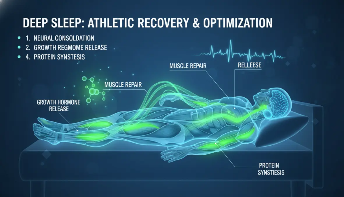 Illustration of athletic performance sleep showing physiological recovery processes during deep sleep and REM sleep stages