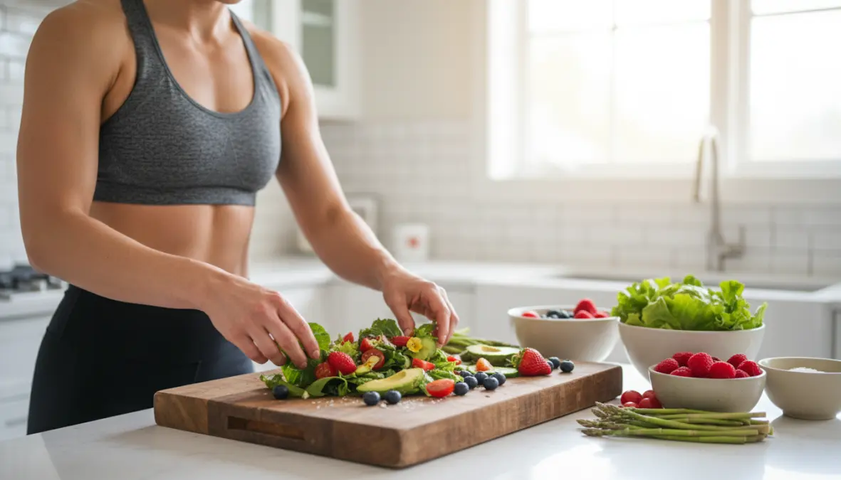 Active woman preparing healthy spring clean eating salad with seasonal produce