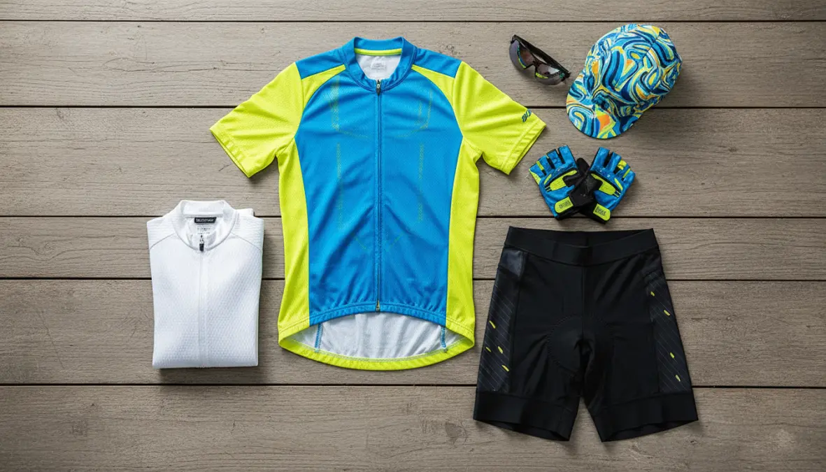 Lightweight summer cycling clothing and breathable cycling gear laid out including jersey and padded shorts