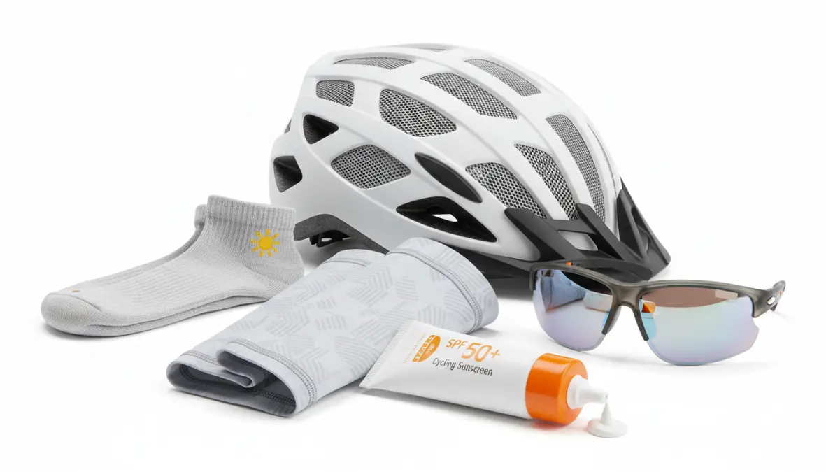 Summer cycling accessories including UV protection clothing, ventilated helmet, and sun protection gear