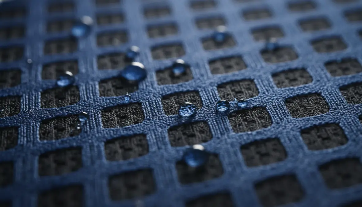 Close-up of breathable cycling gear fabric showing moisture wicking technology and mesh ventilation