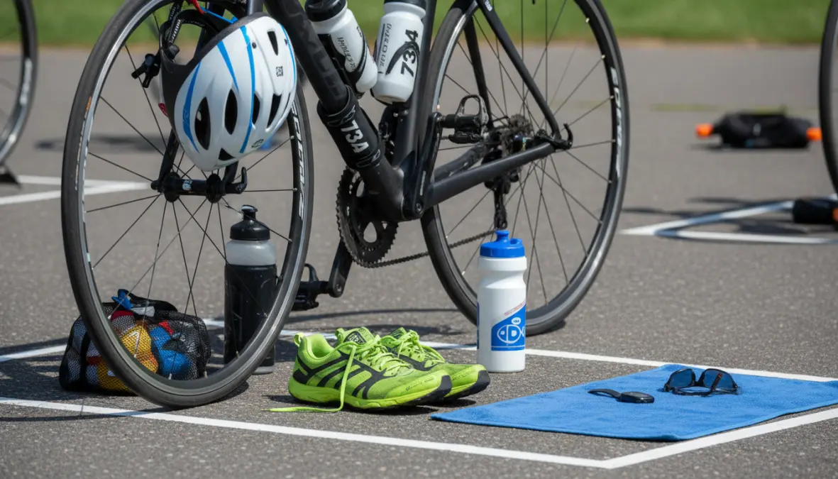 Triathlon transition area setup with essential gear for beginner triathlon training