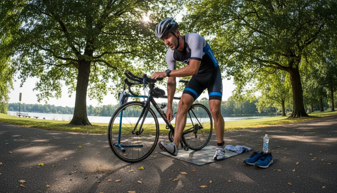 Beginner triathlete practicing brick workouts during sprint triathlon training