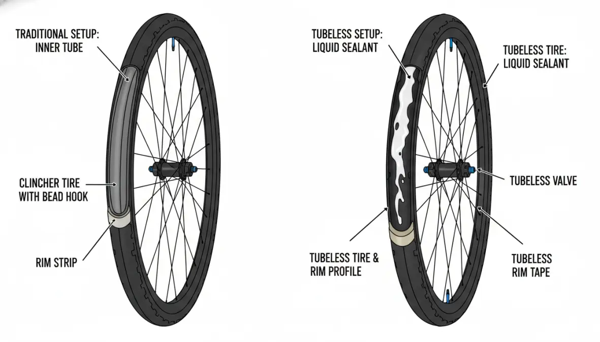 Comparison between traditional tube tire and tubeless tire setup showing benefits and differences