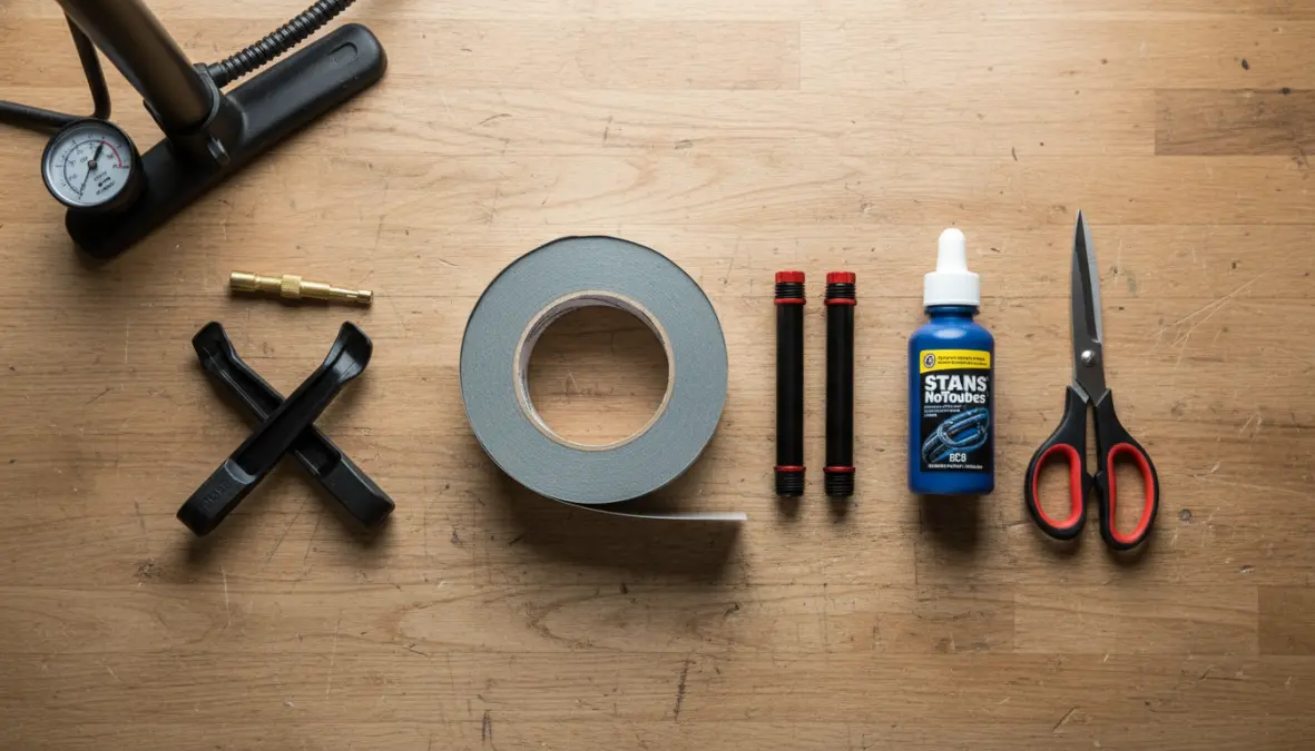 Tubeless tire installation tools and materials including rim tape, valves, sealant, and essential equipment