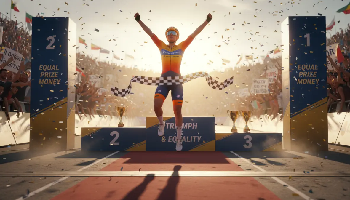 Women cyclists celebrating achievements and progress toward gender equality in professional cycling