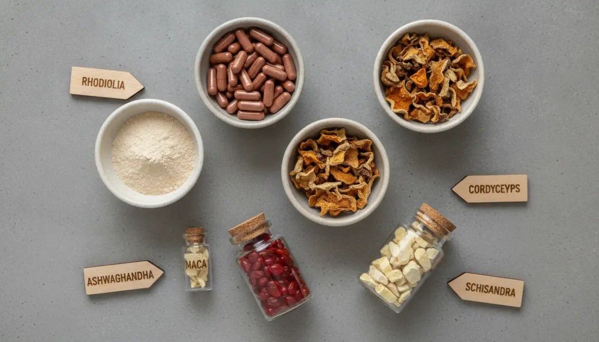 Different types of adaptogens for athletes displayed in bowls showing rhodiola, ashwagandha, cordyceps, and other performance-enhancing herbs