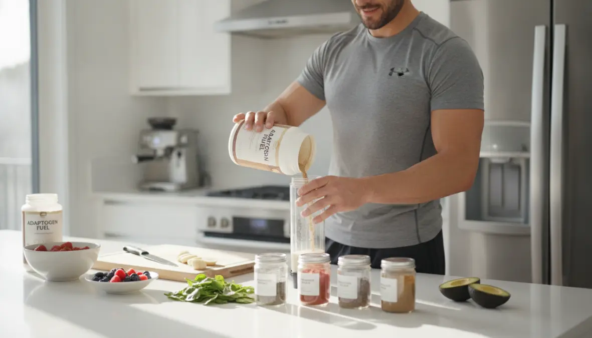 Athlete preparing adaptogen supplement for post-workout recovery and muscle building in modern kitchen setting