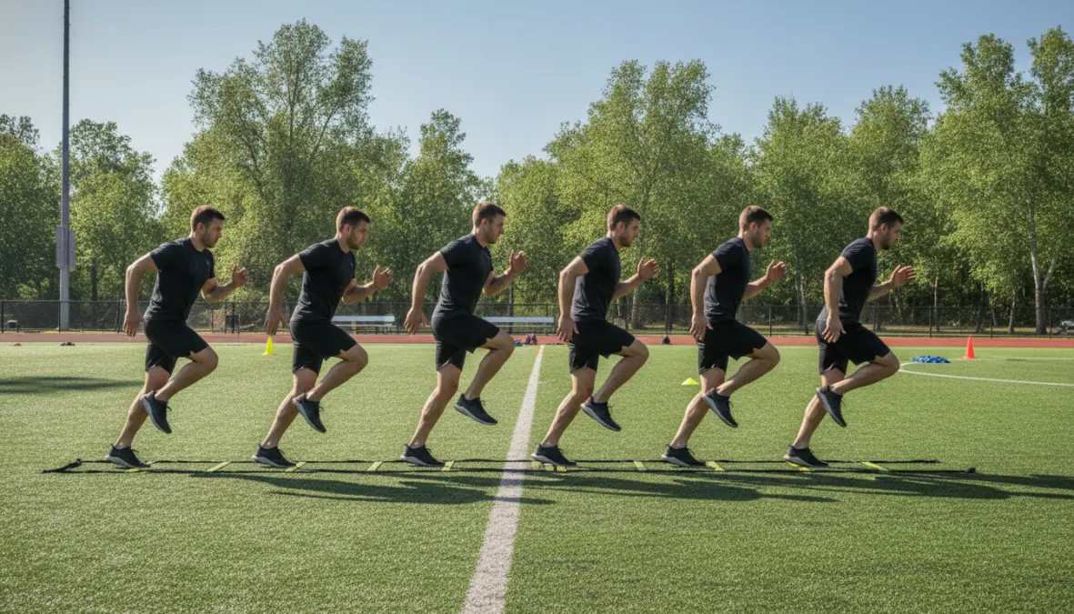 Sequenza di advanced agility ladder workout con crossover steps e lateral movement drills