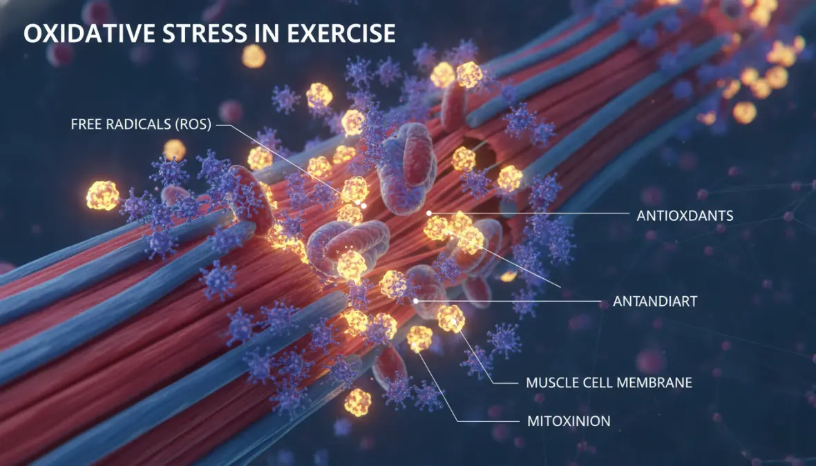 Scientific illustration showing exercise oxidative stress and how antioxidants protect muscle cells from free radicals