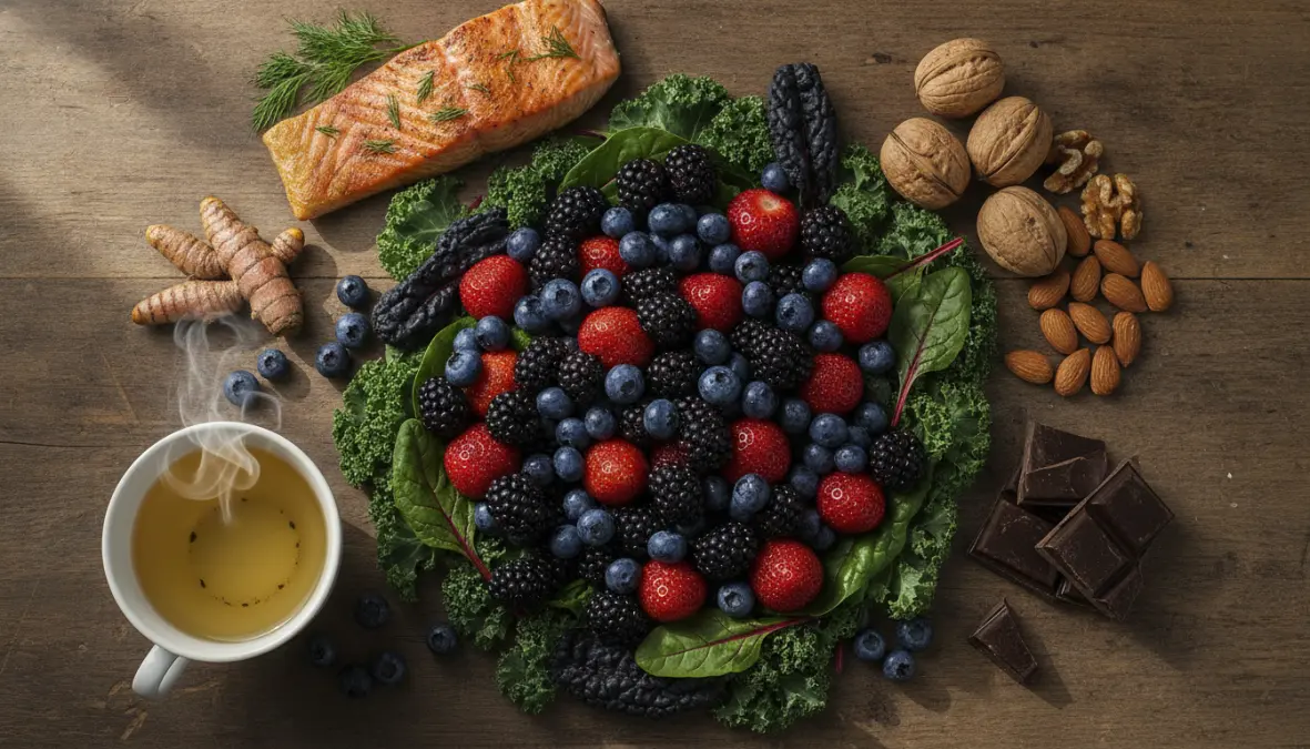 Variety of antioxidant-rich foods for athletes including berries, nuts, leafy greens, and dark chocolate