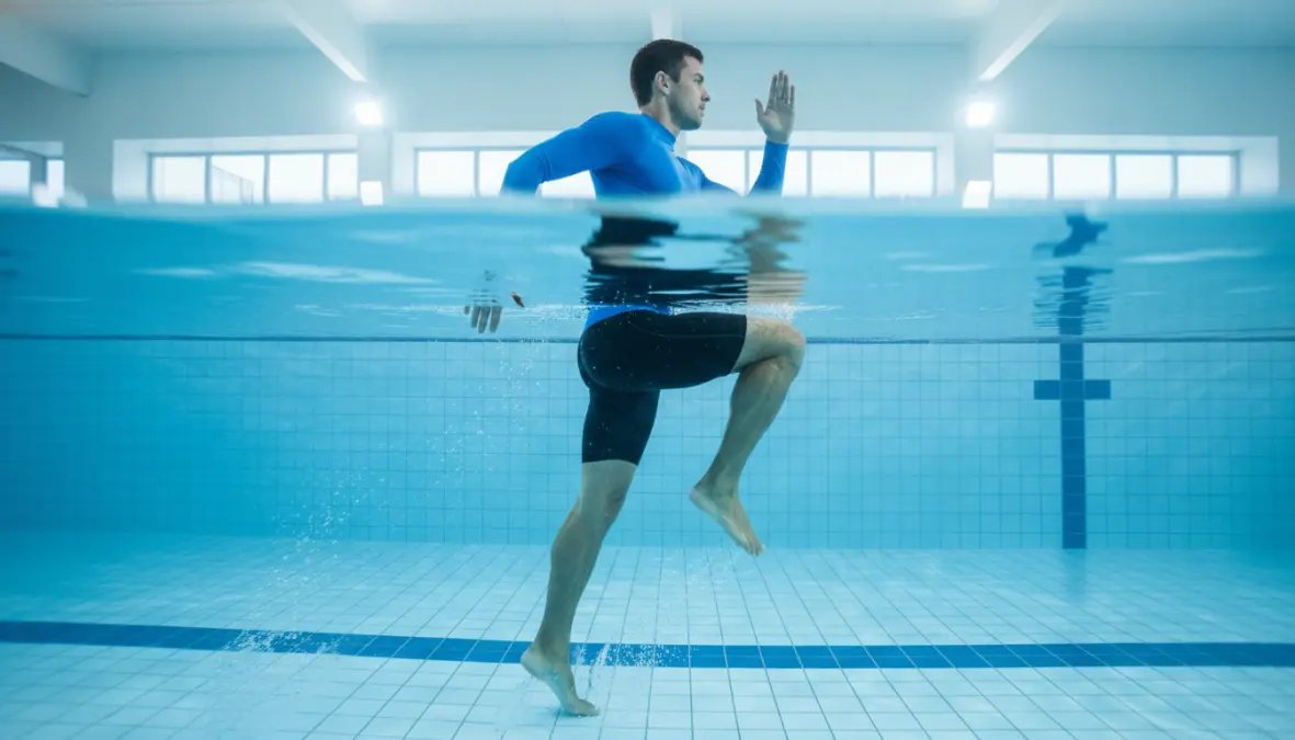 Correct aqua jogging technique showing proper running form and posture in deep water