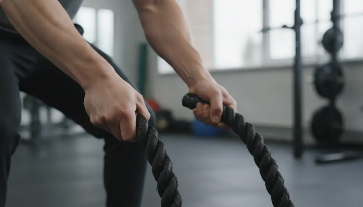 Proper hand grip technique for battle rope exercises showing athletic hand position