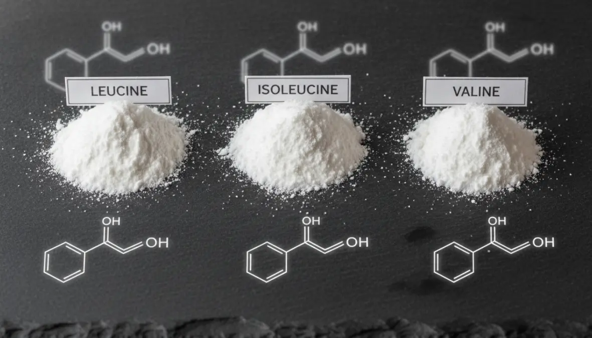 Three branched chain amino acids leucine isoleucine and valine displayed as supplements