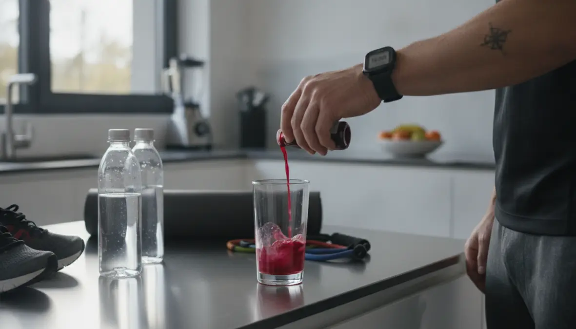 Athlete preparing beetroot juice supplement with proper timing and dosage for endurance training