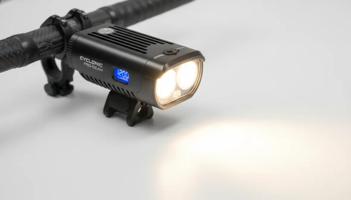Modern rechargeable front bike light showing LED beam pattern and mounting system