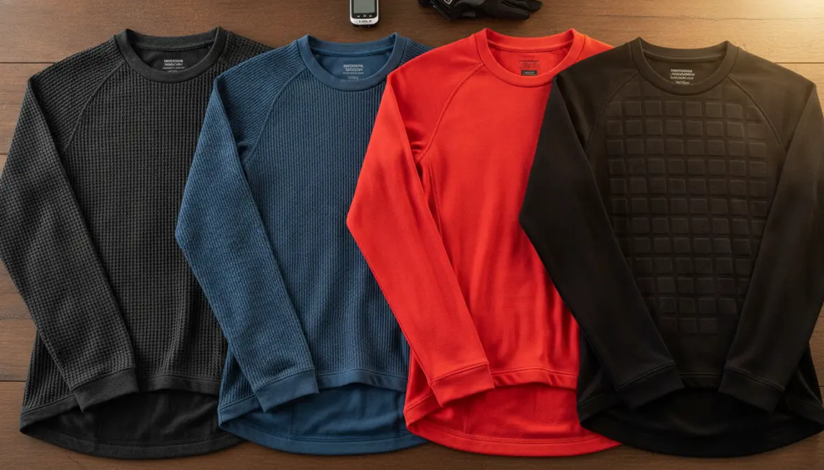 Comparison of thermal cycling base layers for winter showing merino wool and synthetic fabric options