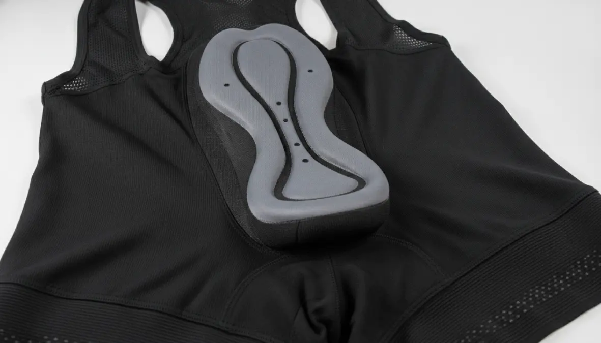 Detail of premium cycling bib shorts showing chamois padding and quality construction
