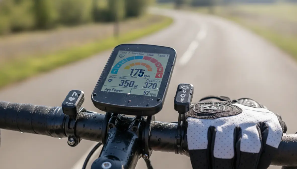 Cycling computer displaying heart rate and power meter training metrics on handlebar mount