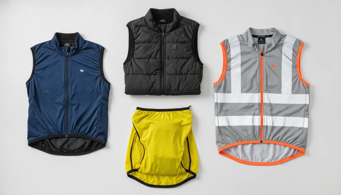 Collection of different cycling gilet types including windproof, insulated, packable, and reflective vests showing variety of cycling vest options