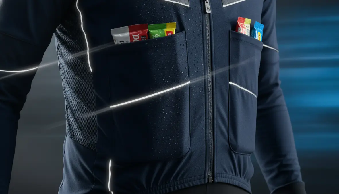 Detailed view of cycling gilet features including pockets, zipper, reflective elements, and ventilation panels for optimal weather protection
