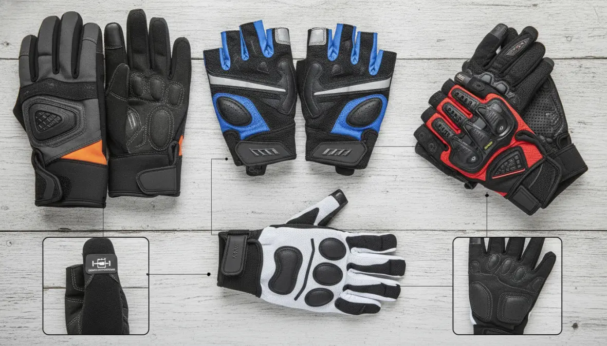 Various types of cycling gloves showing fingerless and full finger options with gel padding