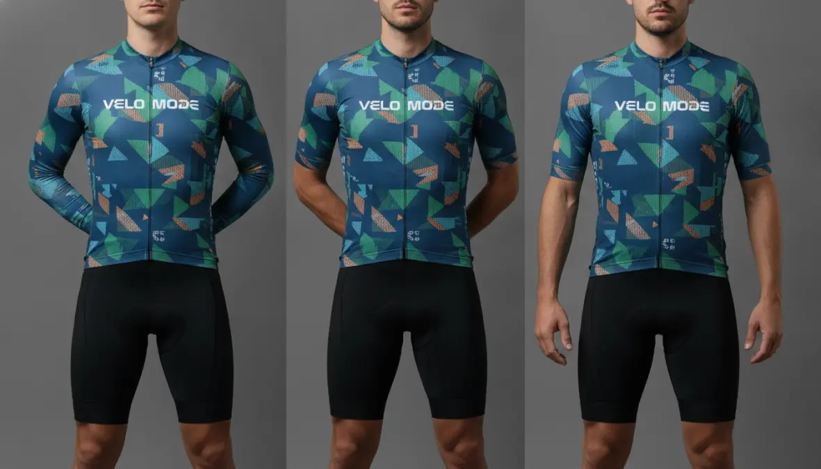 Comparison of cycling jersey fit types showing race cut, club fit, and relaxed fit options