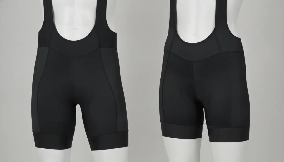 Men's cycling shorts vs women's cycling shorts comparison showing anatomical fit differences and bib strap designs