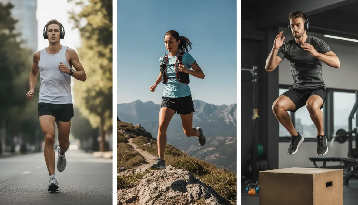 Different athletes using wireless running headphones for marathon training, trail running and gym workouts