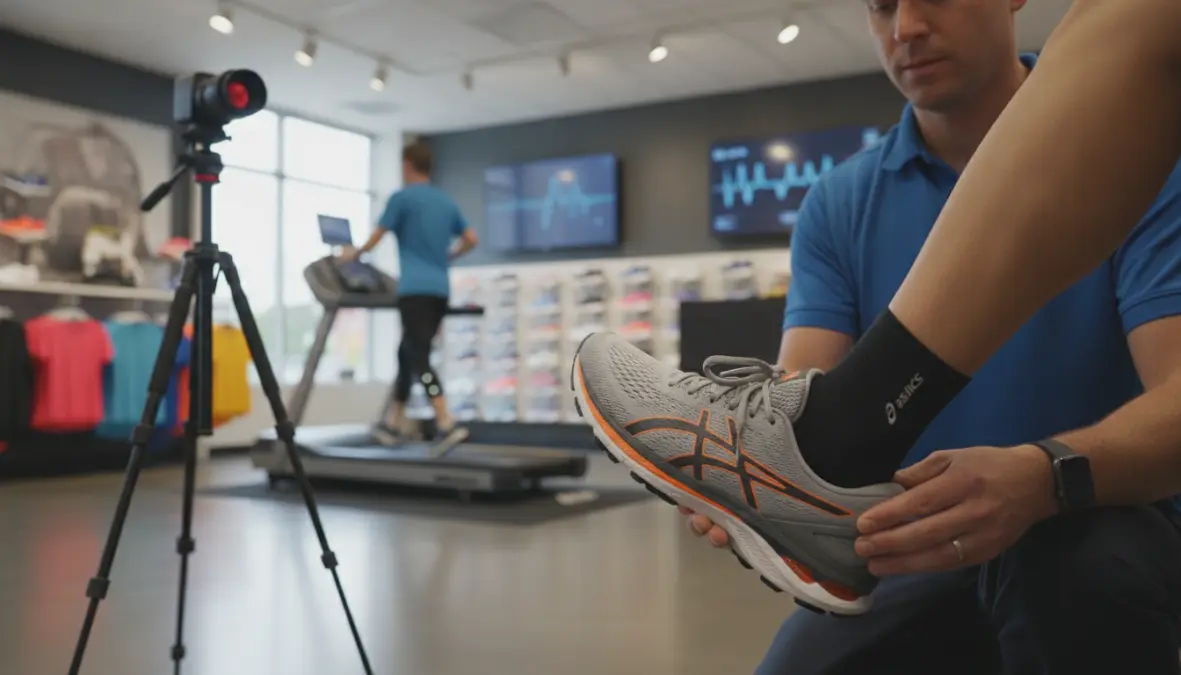 Professional gait analysis and running shoe fitting at specialty running store