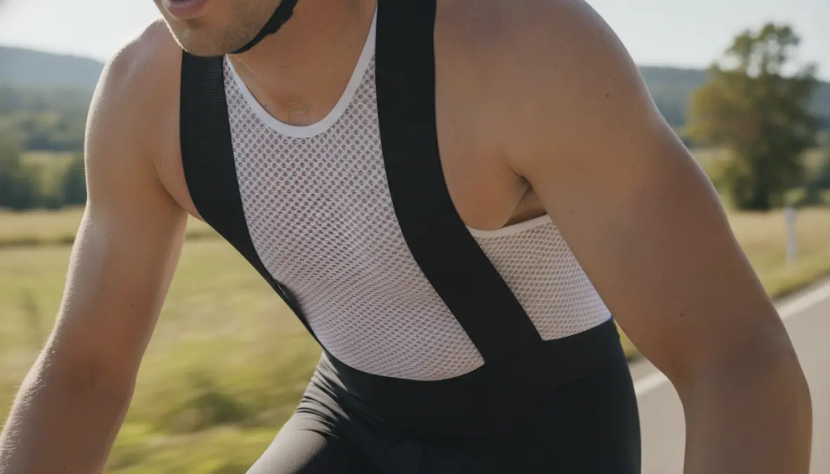 Cyclist wearing bib shorts showing shoulder straps and proper fit for comfort