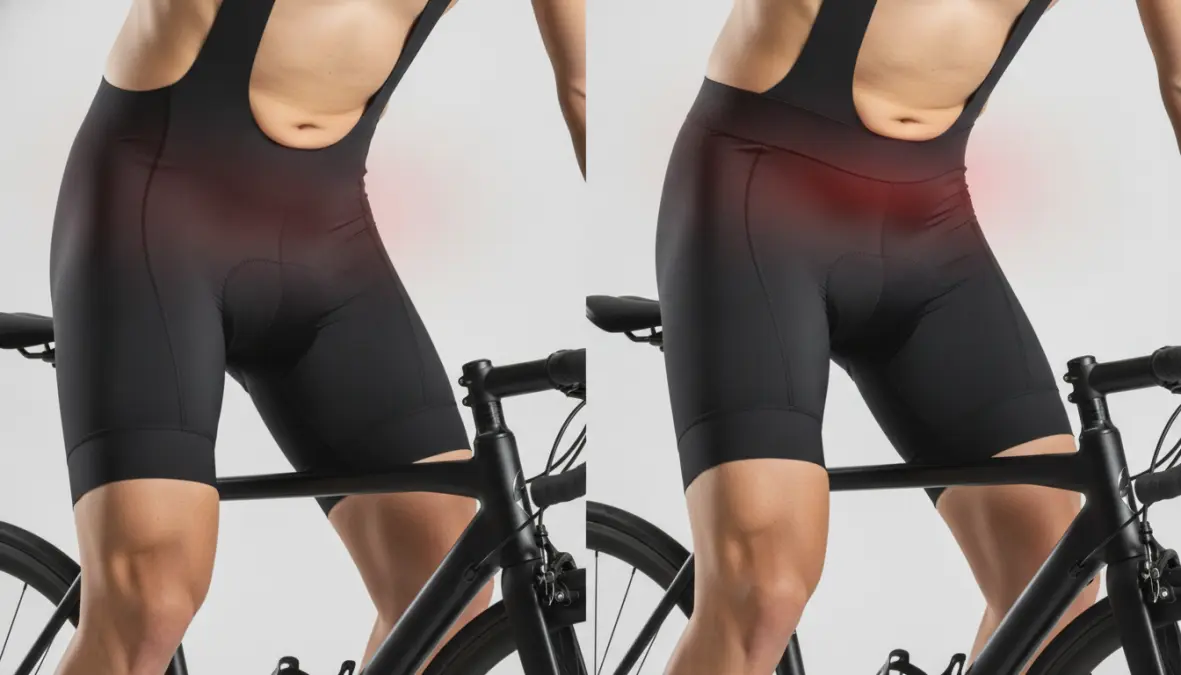 Comparison of bib shorts and regular shorts showing waistband pressure differences during cycling