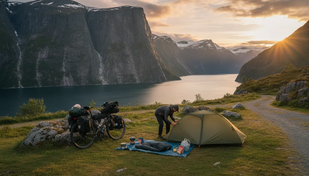 Bikepacking camping setup in Norwegian fjords during multi-day cycling adventure
