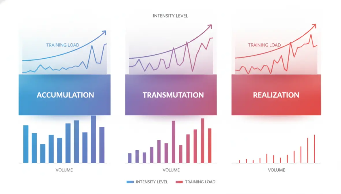 Block periodization training phases diagram showing accumulation transmutation and realization blocks with volume and intensity progression