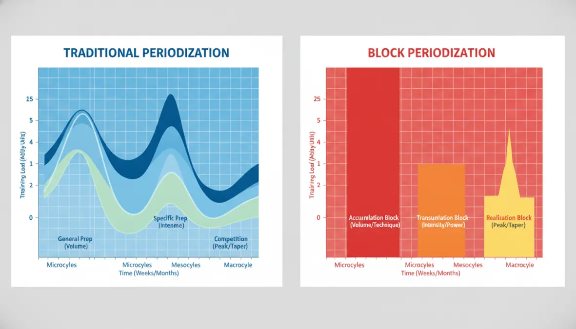 Comparison chart of block periodization versus traditional linear periodization models showing training load patterns