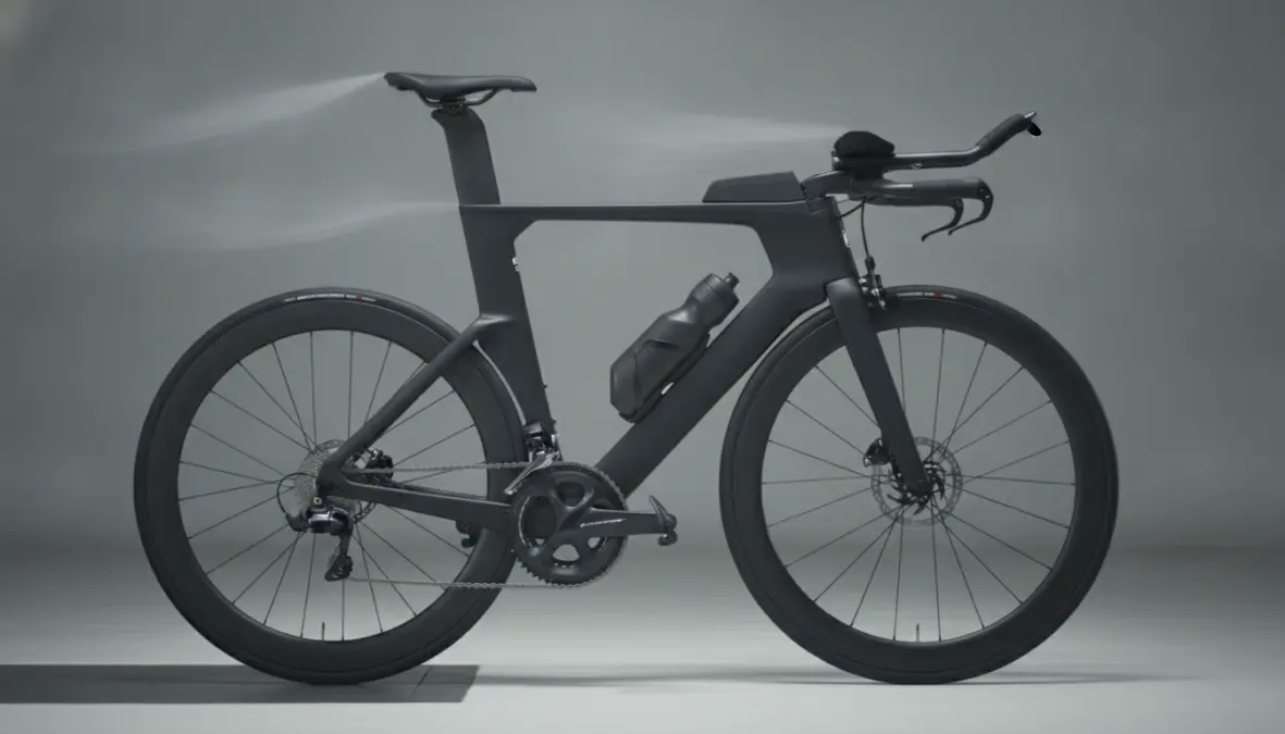 Aerodynamic bottle cage setup on triathlon bike showing optimal mounting position for minimal drag
