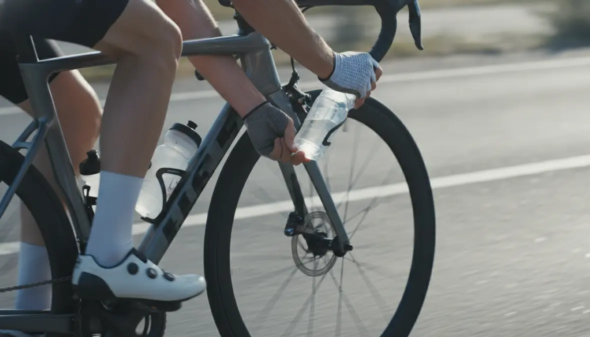 Cyclist demonstrating bottle cage accessibility and proper reach technique while riding