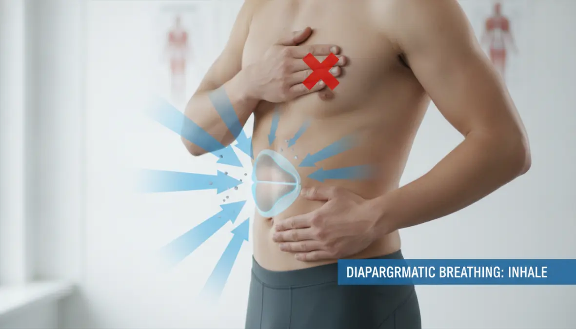 Diaphragmatic breathing technique demonstration for endurance athletes showing proper hand placement