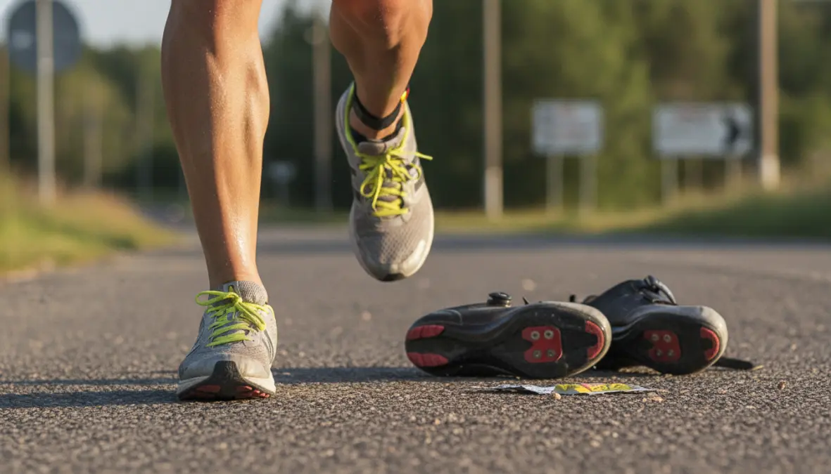 Triathlete running off the bike during brick workout showing leg turnover transition